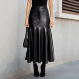 Women's Elegant Fit Flare Maxi Skirt Leather Panels Stretchy Natural Waist A - Line Zipper Comfortable Eco - Friendly Winter - Zeprah
