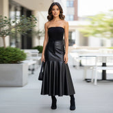 Women's Elegant Fit Flare Maxi Skirt Leather Panels Stretchy Natural Waist A - Line Zipper Comfortable Eco - Friendly Winter - Zeprah