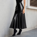 Women's Elegant Fit Flare Maxi Skirt Leather Panels Stretchy Natural Waist A - Line Zipper Comfortable Eco - Friendly Winter - Zeprah