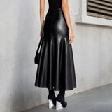 Women's Elegant Fit Flare Maxi Skirt Leather Panels Stretchy Natural Waist A - Line Zipper Comfortable Eco - Friendly Winter - Zeprah