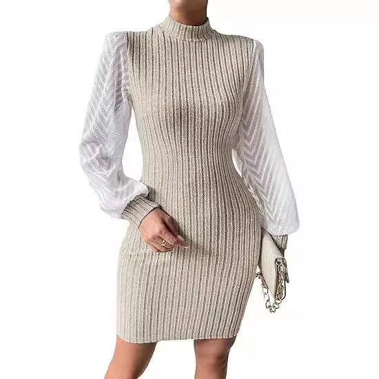 Women's Elegant Mock Neck Knit Patchwork Puff Sleeve Slim Fit Mini Dress Retro Office Party Dress - Zeprah