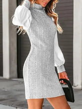 Women's Elegant Mock Neck Knit Patchwork Puff Sleeve Slim Fit Mini Dress Retro Office Party Dress - Zeprah