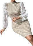 Women's Elegant Mock Neck Knit Patchwork Puff Sleeve Slim Fit Mini Dress Retro Office Party Dress - Zeprah