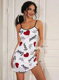 Women's European American Valentine's Day Loungewear Red Love Heart Print Camisole Nightdress Elastic Waist - Zeprah
