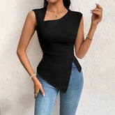 Women's European and American Elegant Style T-shirt Spring and Summer New Slim - fit Short Solid Color Top with Slant Collar - Zeprah