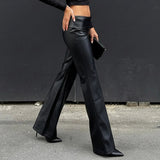 Women's Fall Winter Black Leather Eco - Friendly Breathable Patchwork Flat Low Waist Loose Fit Flare Pants Fashion Casual - Zeprah