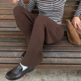 Women's Fall Winter Straight Leg Breathable Patchwork Brown Retro Low Waist Drawstring Casual Yoga Lounge Trousers - Zeprah