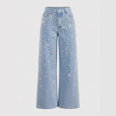 Women's Fashion Beaded Denim Pants High Waisted Loose Straight Jeans Trendy Slim Fit Trousers - Zeprah