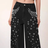 Women's Fashion Beaded Denim Pants High Waisted Loose Straight Jeans Trendy Slim Fit Trousers - Zeprah