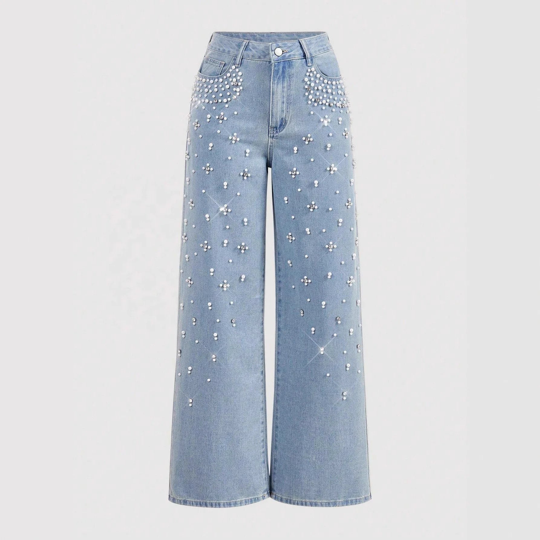 Women's Fashion Beaded Denim Pants High Waisted Loose Straight Jeans Trendy Slim Fit Trousers - Zeprah