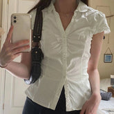 Women's Fashion New Women's Top Wrinkled Button Pocketless Short Sleeve Women's Shirt - Zeprah