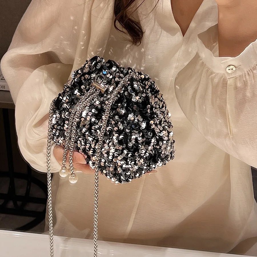Women's Fashion Rhinestone Bucket Bag Handheld Chain Messenger Portable with Zipper Closure Personalized Design for Girls - Zeprah
