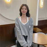 Women's Faux Two - Piece Cropped Top Spring Autumn Lightweight Korean - Style Fashion Unique Design Small - Batch Trendy Blouse - Zeprah