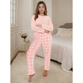 Women's Flannel Pajamas Set Cross - Border Autumn Winter Homewear with Fashion Plaid Neck Solid Pattern - Zeprah