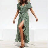 Women's Floral Chiffon Maxi Dress V - Neck Casual Wrap with Lace Ruffles Long Beach Wrap Dress - Zeprah