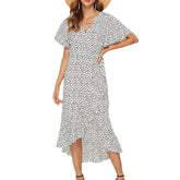Women's Floral Chiffon Maxi Dress V - Neck Casual Wrap with Lace Ruffles Long Beach Wrap Dress - Zeprah