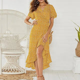 Women's Floral Chiffon Maxi Dress V - Neck Casual Wrap with Lace Ruffles Long Beach Wrap Dress - Zeprah