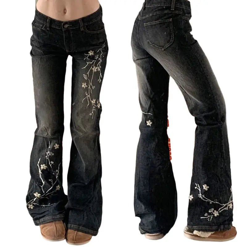 Women's Floral Denim Flared Low Rise Loose Fit Eco - Friendly Printed Distressed Washed Casual Wide Leg Jeans - Zeprah