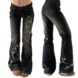 Women's Floral Denim Flared Low Rise Loose Fit Eco - Friendly Printed Distressed Washed Casual Wide Leg Jeans - Zeprah