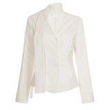 Women's Formal Office Shirt Elegant V - Neck Blouse Woven Breathable Solid Color Long Sleeve with Tie Neck Scarf for Work - Zeprah