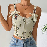 Women's French Bow Tie Sash Floral Print Sexy Shapewear - Spaghetti Strap Fitted Crop Top Bustier - Zeprah