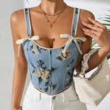 Women's French Bow Tie Sash Floral Print Sexy Shapewear - Spaghetti Strap Fitted Crop Top Bustier - Zeprah