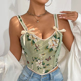 Women's French Bow Tie Sash Floral Print Sexy Shapewear - Spaghetti Strap Fitted Crop Top Bustier - Zeprah