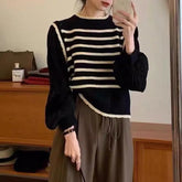 Women's French - Style Faux Two - Piece Puff Sleeve Knit Top 2025 Spring New Striped Patchwork Short Round - Neck Slimming Blouse - Zeprah