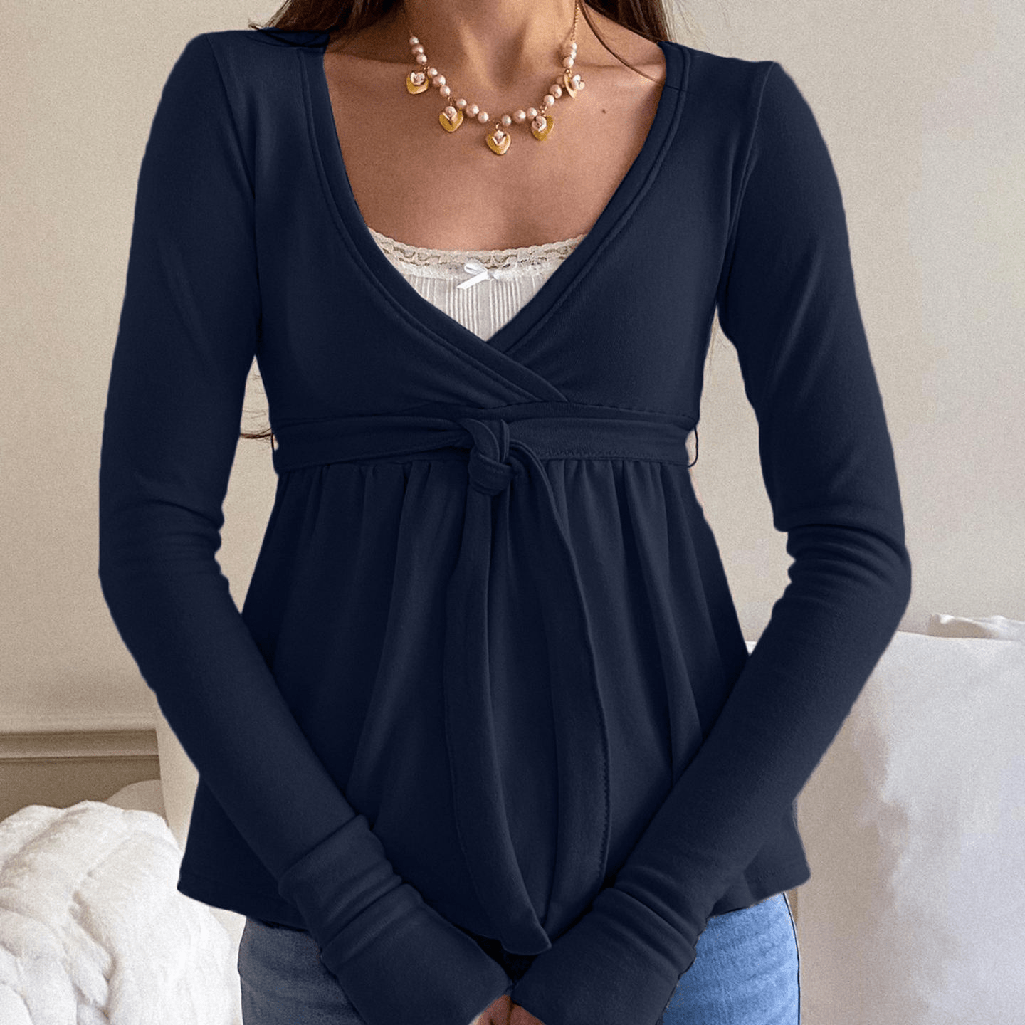 Women’s Full Sleeve Viscose/Polyester Knit with Ruffles – Lace V - Neck Sexy Blouse, Cute Autumn Loose Fit Plus Size Top - Zeprah