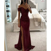 Women's Gold Mermaid Sequined Evening Party Dress Bling Prom Gown Off Shoulder Formal Wear for Summer Seasons Long Dress - Zeprah