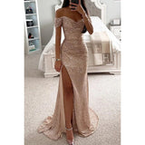 Women's Gold Mermaid Sequined Evening Party Dress Bling Prom Gown Off Shoulder Formal Wear for Summer Seasons Long Dress - Zeprah