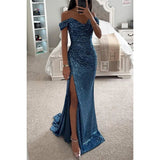 Women's Gold Mermaid Sequined Evening Party Dress Bling Prom Gown Off Shoulder Formal Wear for Summer Seasons Long Dress - Zeprah