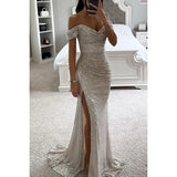 Women's Gold Mermaid Sequined Evening Party Dress Bling Prom Gown Off Shoulder Formal Wear for Summer Seasons Long Dress - Zeprah