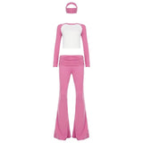 Women's High Stretch Contrast Color Yoga Set 3 - Piece with Fold Over Flared Pants Long Sleeve Top and Headband for Gym and Lounge - Zeprah