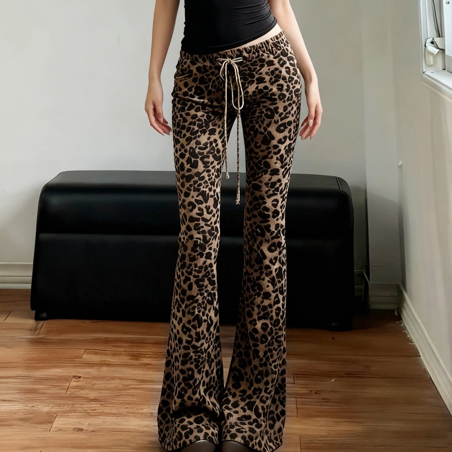 Women's High Waist Loose Flare Pants Leopard Print Lace Design - Colored Wash Flat Front Sexy Bootcut Eco - Friendly Casual - Zeprah