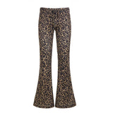 Women's High Waist Loose Flare Pants Leopard Print Lace Design - Colored Wash Flat Front Sexy Bootcut Eco - Friendly Casual - Zeprah