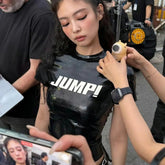 Women's Hip Hop Knitted Tight T-Shirt Tank Tops Sexy Fitted Short Sleeve Top with Leather Look Dance Sports Wear - Zeprah