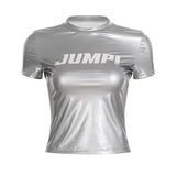 Women's Hip Hop Knitted Tight T-Shirt Tank Tops Sexy Fitted Short Sleeve Top with Leather Look Dance Sports Wear - Zeprah