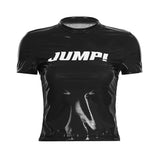 Women's Hip Hop Knitted Tight T-Shirt Tank Tops Sexy Fitted Short Sleeve Top with Leather Look Dance Sports Wear - Zeprah