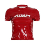 Women's Hip Hop Knitted Tight T-Shirt Tank Tops Sexy Fitted Short Sleeve Top with Leather Look Dance Sports Wear - Zeprah