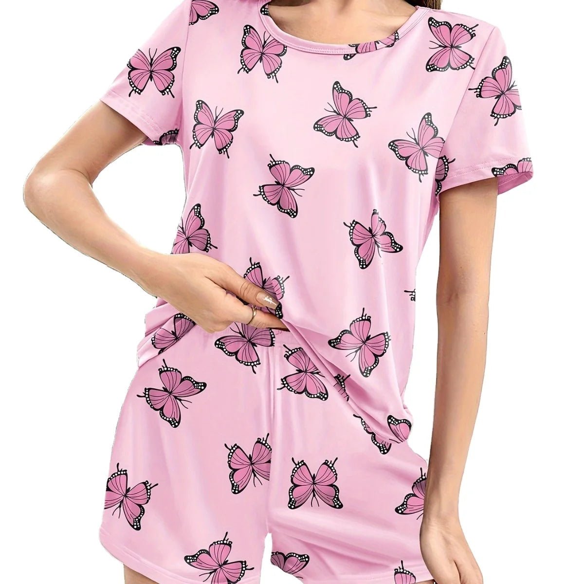 Women's Home Wear Comfortable Casual Two - Piece Pajamas Butterfly Print Short Sleeve Shorts Elastic Waist - Zeprah