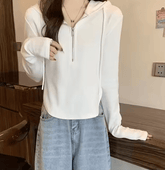 Women's Hooded Long Sleeve Base Shirt | Casual Zipper Top | Sweet Solid Knitted Spandex/Polyester | Anti - Wrinkle Quick Dry Breathable Pullover - Zeprah