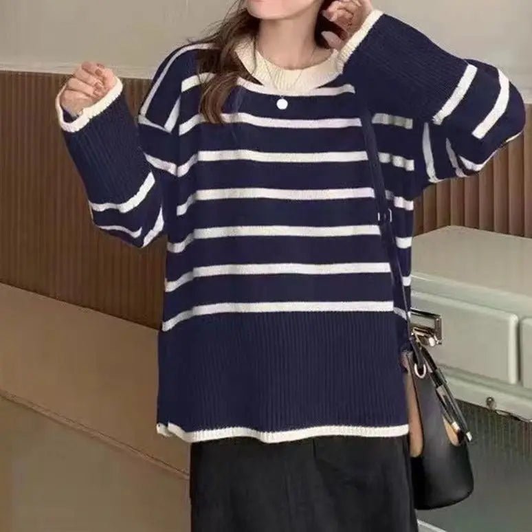 Women's Korean - Style Striped Knit Sweater 2025 Autumn & Winter New Retro Lazy Vibe - Soft Loose Pullover - Zeprah