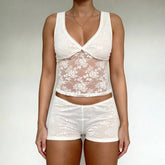 Womens Lace Loungewear Set Solid Color Sexy Stretch Sleeveless V Neck Bow Tie Crop Tank Top Skinny Shorts 2 Piece - Zeprah