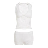 Womens Lace Loungewear Set Solid Color Sexy Stretch Sleeveless V Neck Bow Tie Crop Tank Top Skinny Shorts 2 Piece - Zeprah