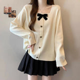 Women's Large Size Women's Bow Square Collar Long - sleeved T-shirt Women's Spring and Autumn 2025 New Loose Slim Top - Zeprah