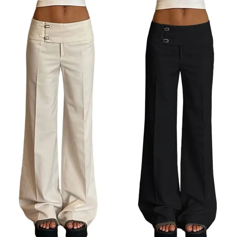 Women's Loose Patchwork Flat Front Low Rise Pants with Button Detail Solid Color Plus Size Office Casual Pants - Zeprah