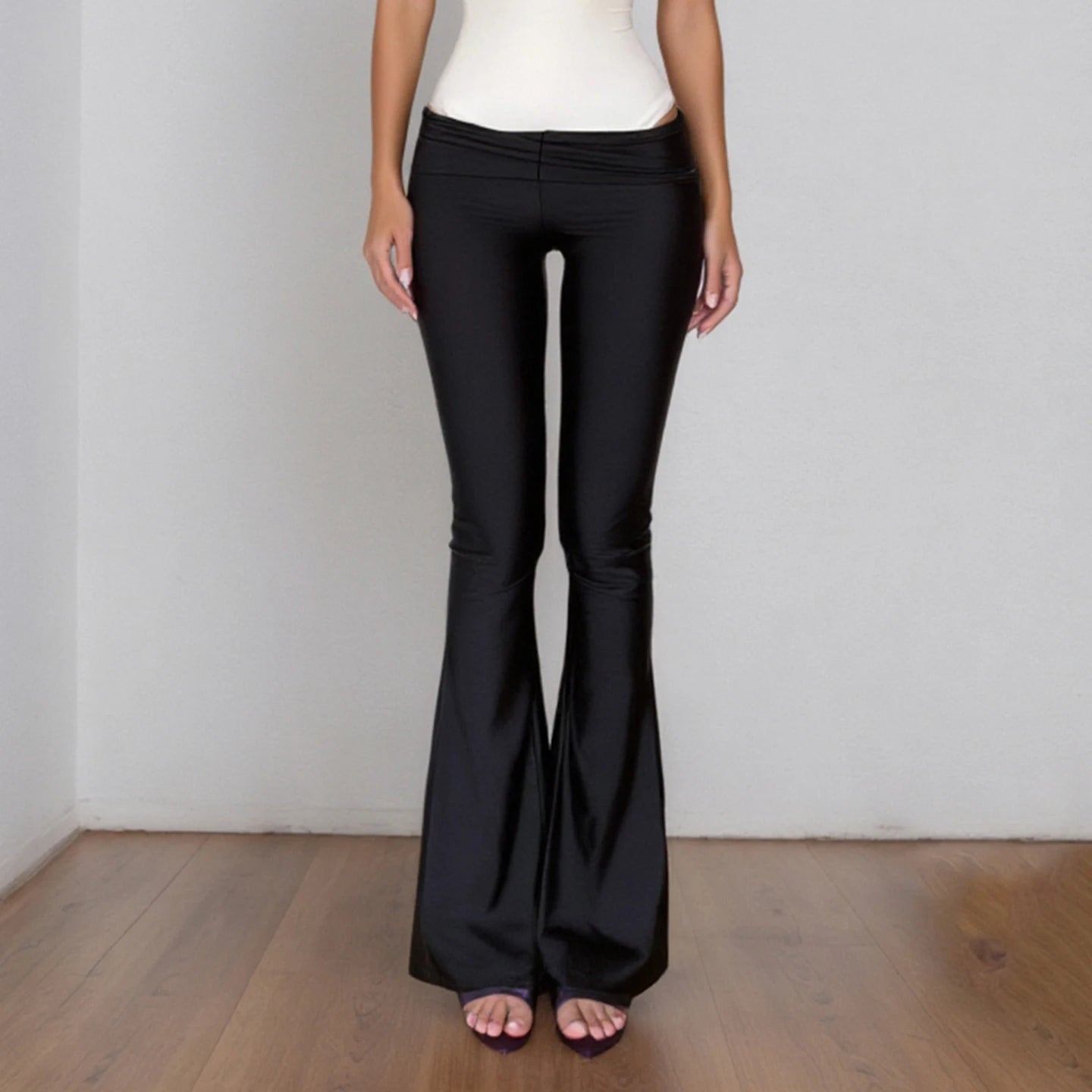 Women's Low Rise Fold Over Yoga Pants Flared Bootcut Leggings High Elasticity Slim Fit Casual - Zeprah