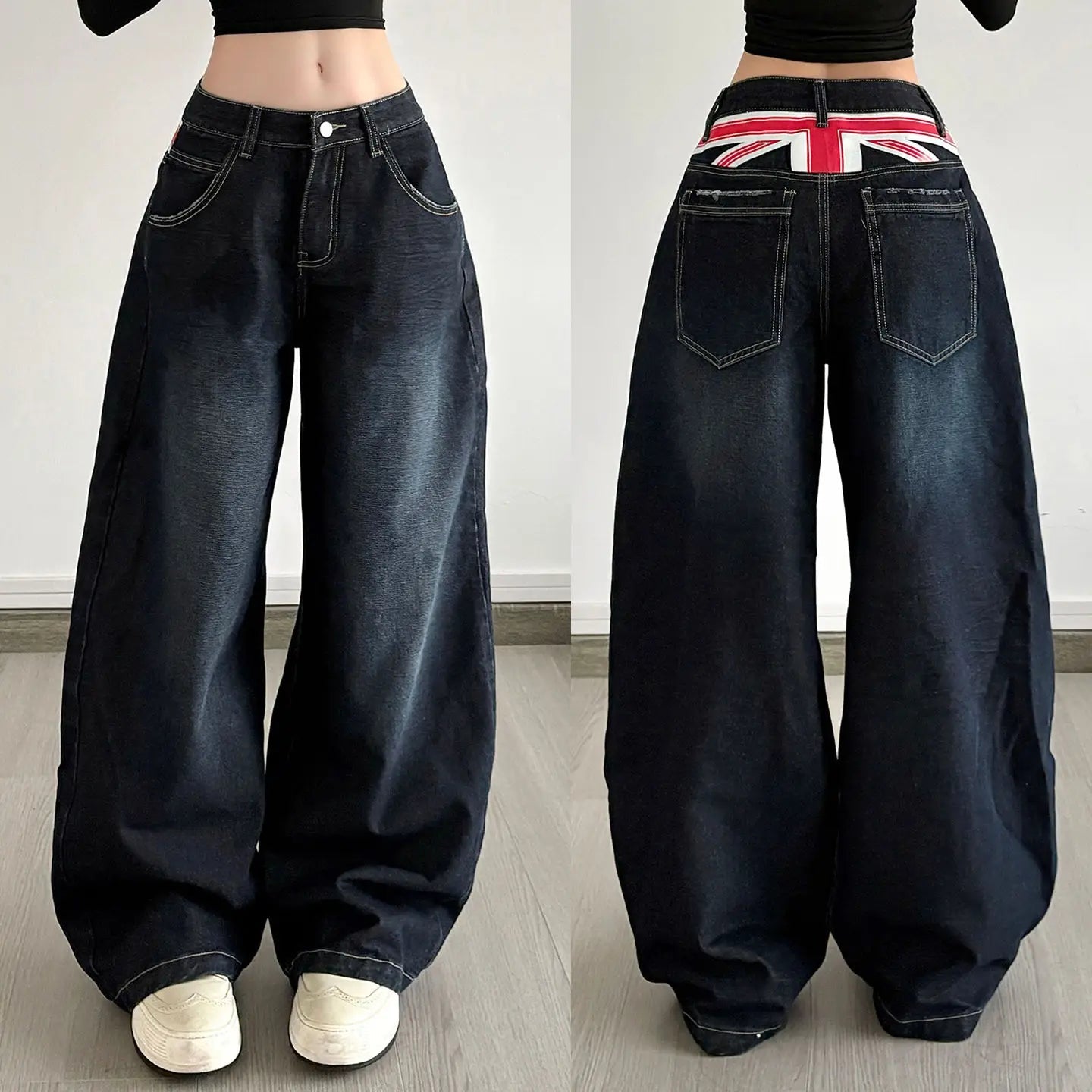 Women's Low Rise Wide Leg Boyfriend Jeans with Unique Blade Cut Hem Eco - Friendly Loose Fit Back Print Casual Streetwear - Zeprah