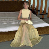 Women's Natural Waist Bud Maxi Dress Sheer Mesh Panels Color Blocking Elegant Yellow Polka Dot Bodycon Sleeveless Washable - Zeprah